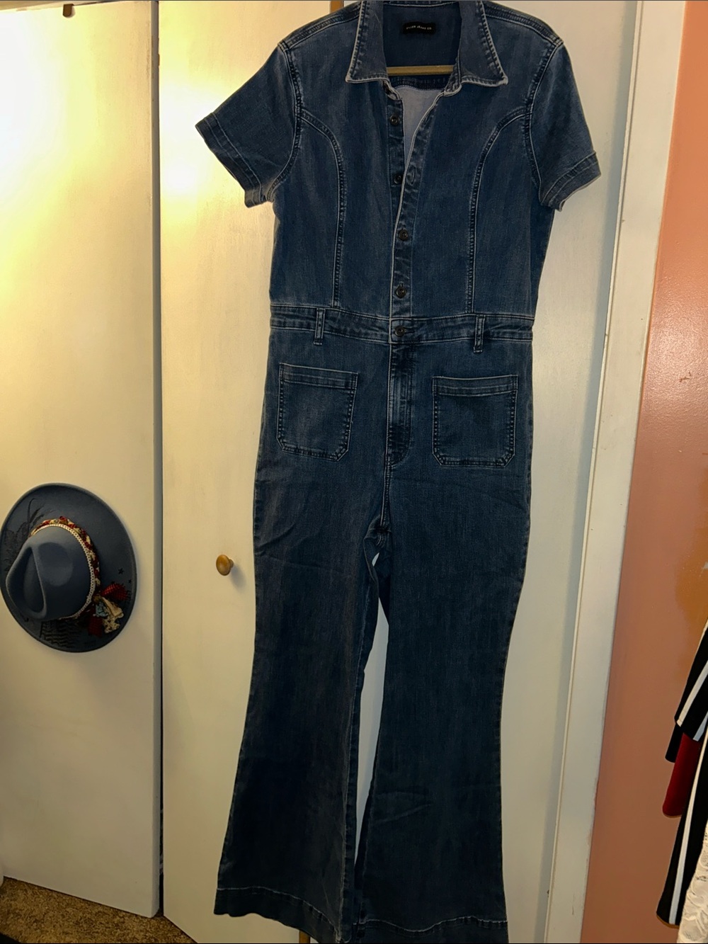 Silver Jeans Short-Sleeve Denim Jumpsuit in Dark Blue